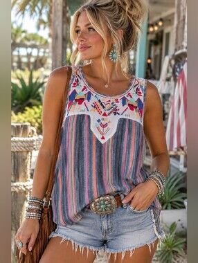 THML XS Embroidered Striped Boho Western Tank Top Multicolor Southwestern